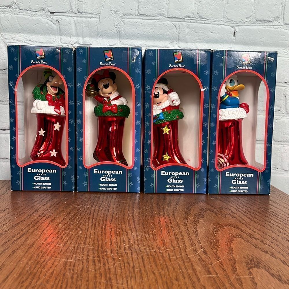 Vintage Disney Mickey, Minnie, Donald & Goofy 4 Large Glass Christmas Ornaments